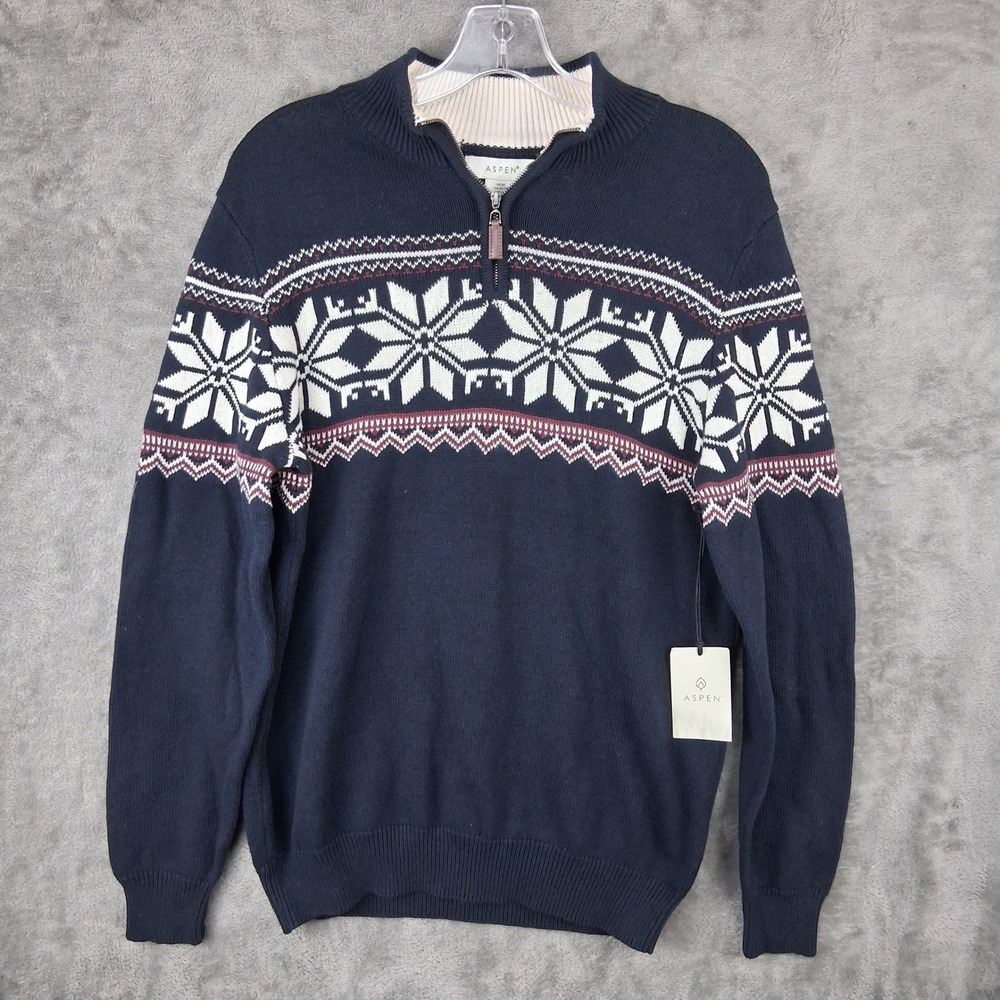 Aspen Mens Navy Blue Fair Isle Snowflake 1/4 Zip Cotton Sweater Medium NWT